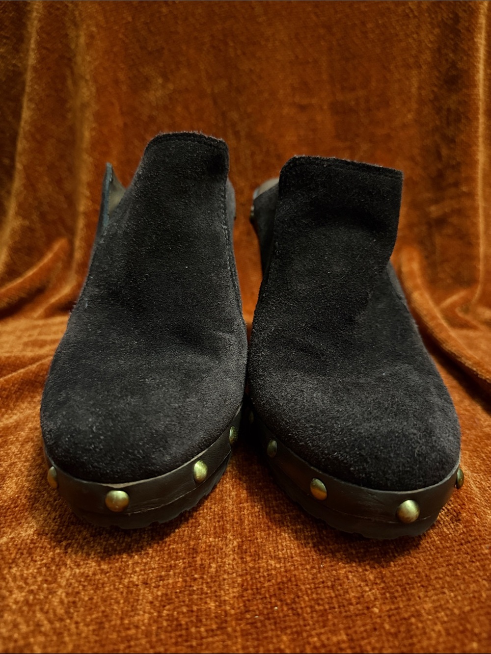 Vianni | Chocolate Suede Studded Slip-On Mules Wood Sole Treaded | 38 - Picture 4 of 9